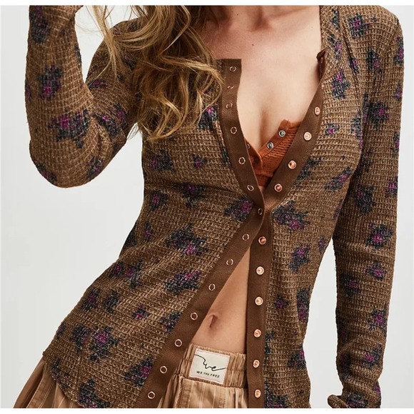 Free People Tops - Intimately Free People Brown Floral Waffle Knit Snap Front Thermal Shirt Y2K XL